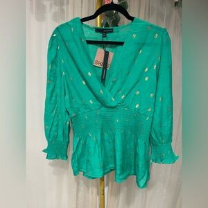 Harvé Benard Green & Gold Dot Smocked Peplum Blouse – XL | NWT